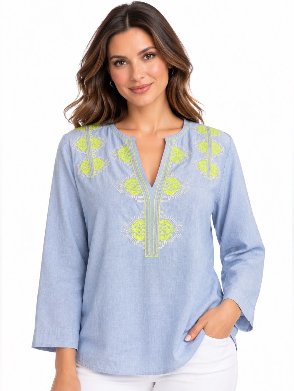 J. Crew Light Blue Tunic with Neon Yellow Embroidery